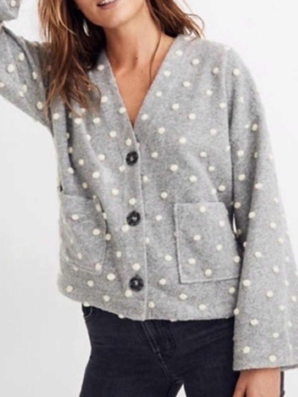Madewell Texture & Thread Boxy Bobble Pom Pom Cropped Cardigan Grey Small